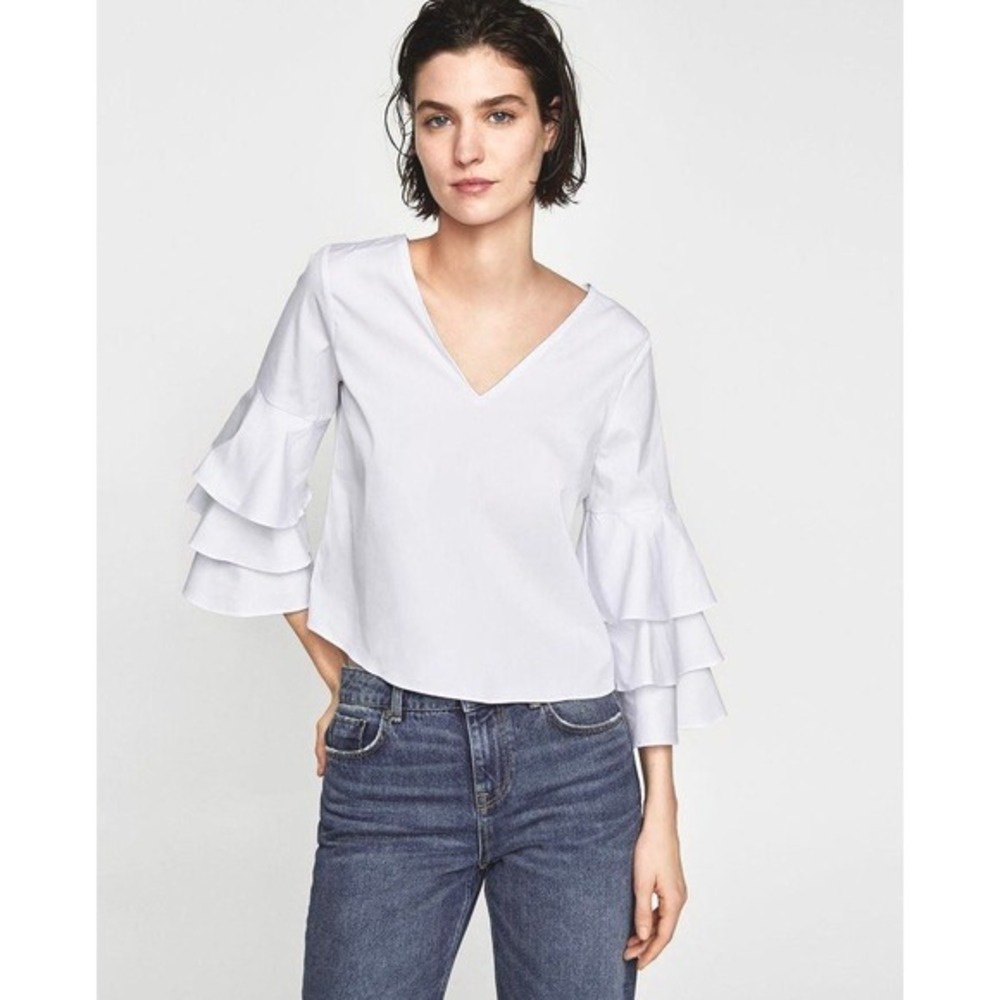 Zara Basic‎ White V-Neck Tiered Ruffle Bell Sleeve Blouse Top Medium